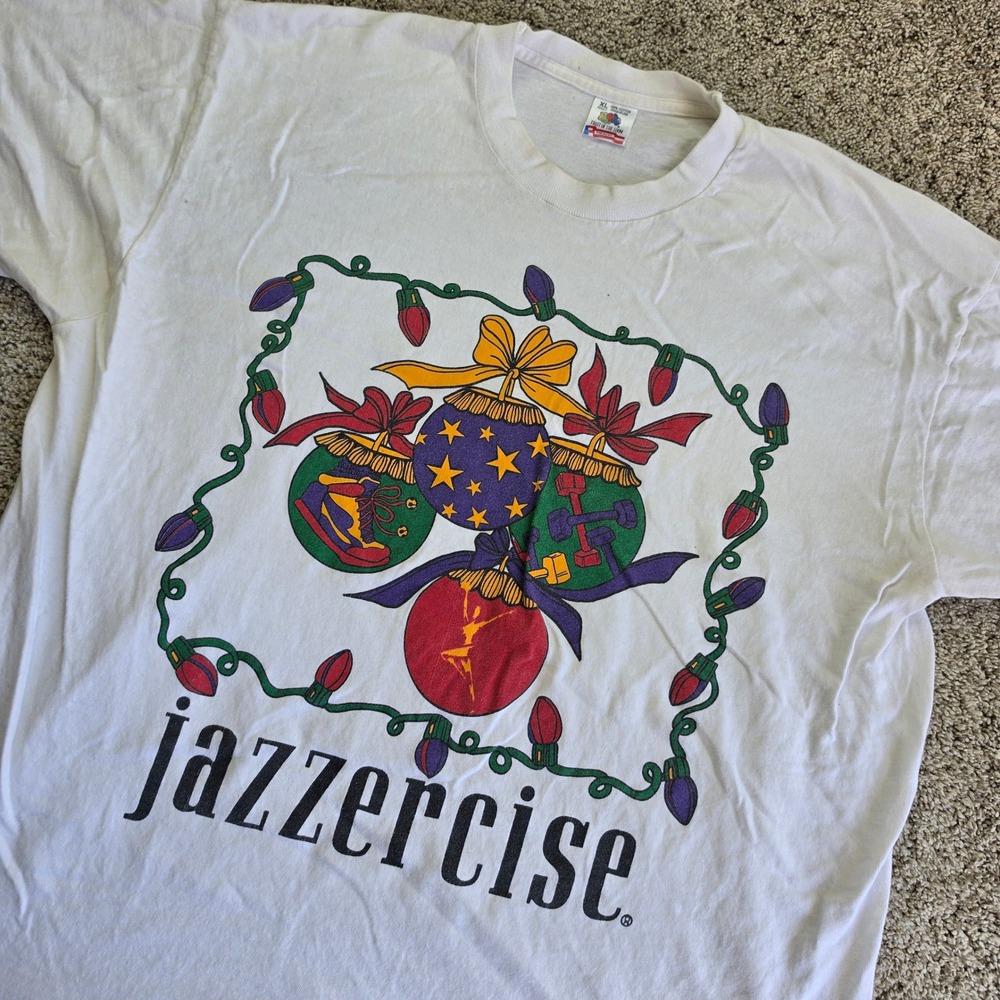 VINTAGE Jazzercise Shirt Mens XL White Christmas Holiday 90s Fruit of the Loom